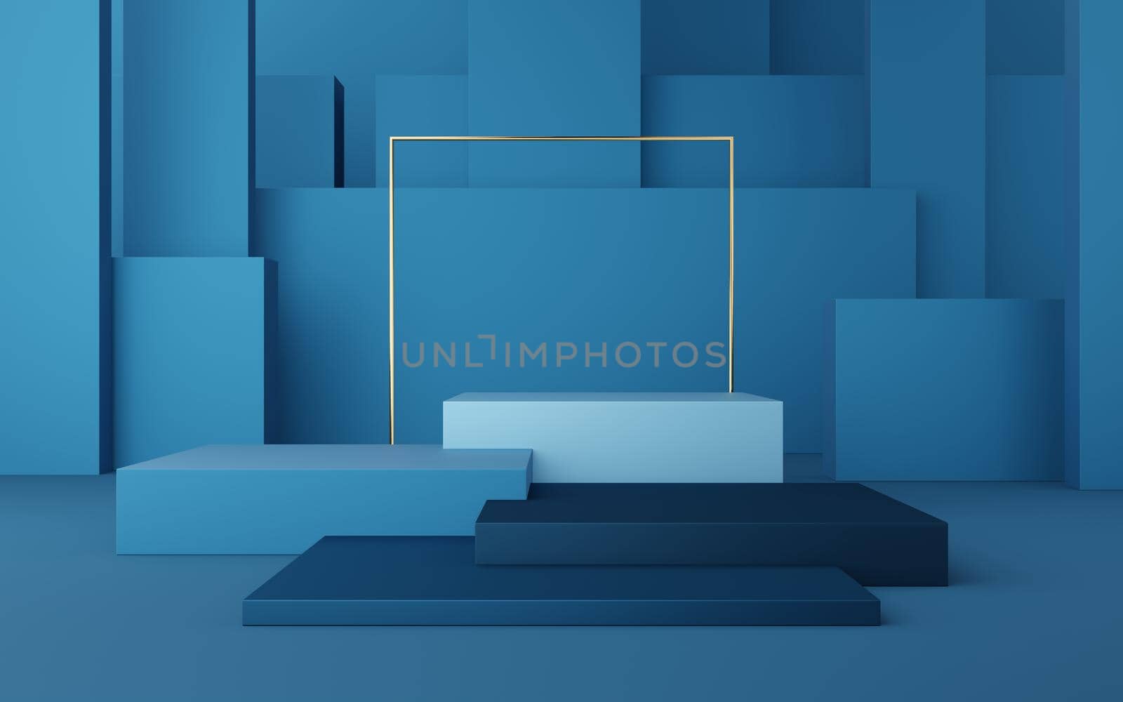 Empty blue cube podium with gold border and gold square on blue box background. Abstract minimal studio 3d geometric shape object. Pedestal mockup space for display of product design. 3d rendering.