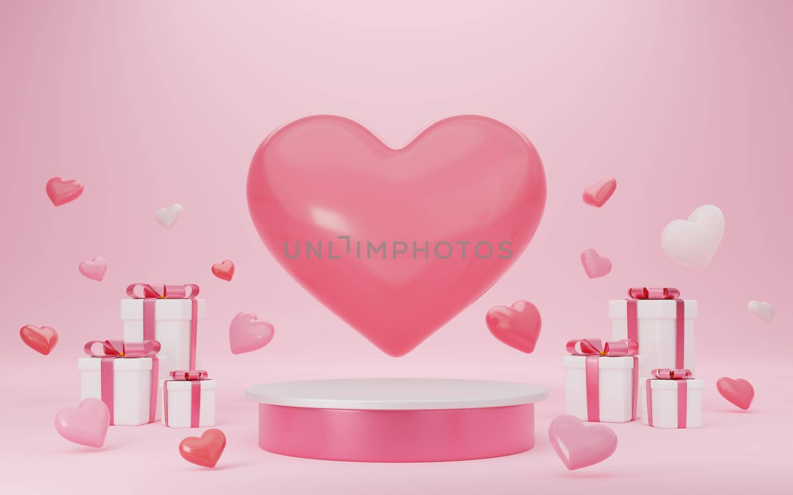 Empty white and pink cylinder podium with hearts balloons, gift boxes on arch and curtain background. Valentine's Day interior with pedestal. Mockup space for display of product design. 3d rendering. by media-ja