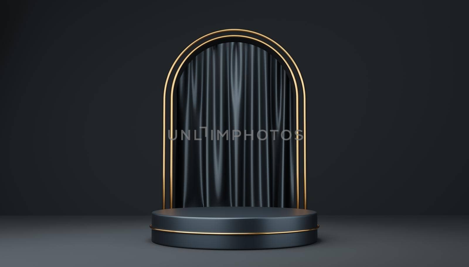 Empty gray cylinder podium and gold circle on black arch and curtain background. Abstract minimal studio 3d geometric shape object. Pedestal mockup space for display of product design. 3d rendering. by media-ja
