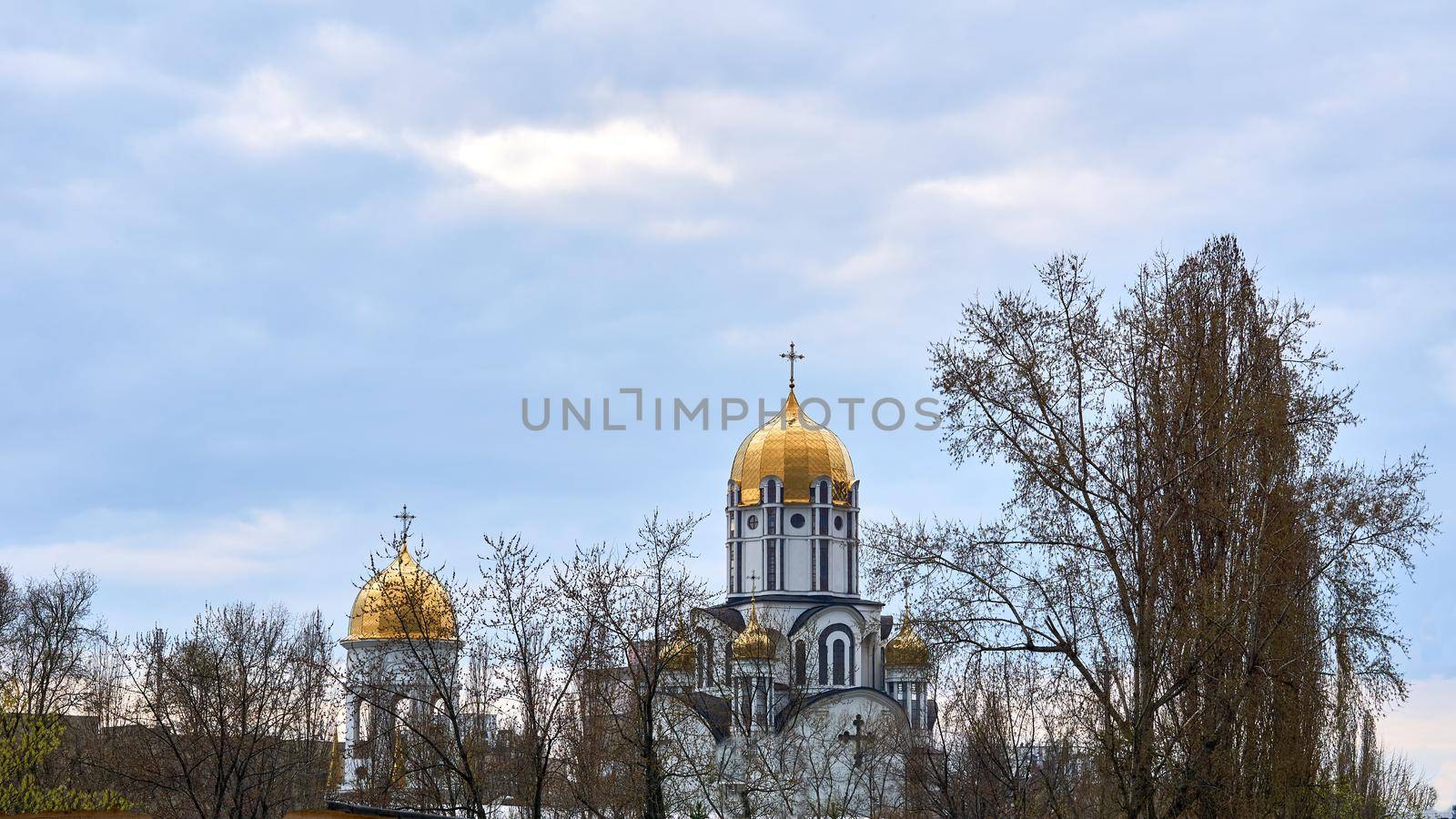 Golden domes of churches against the backdrop of the spring Easter sky by jovani68