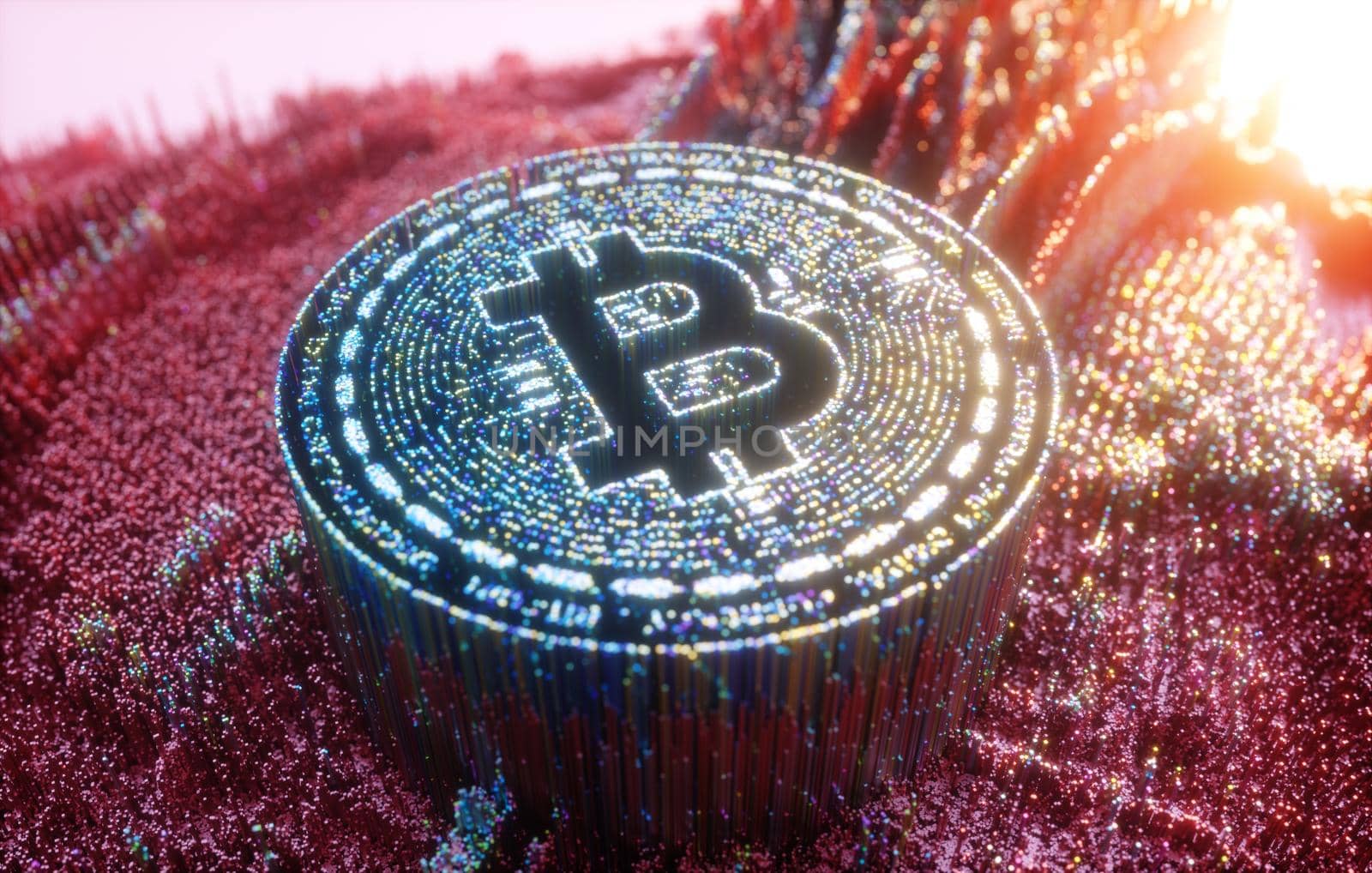 Bitcoin Logo Digital Art. Cryptocurrency Symbol Futuristic 3D Illustration. Crypto Background.
