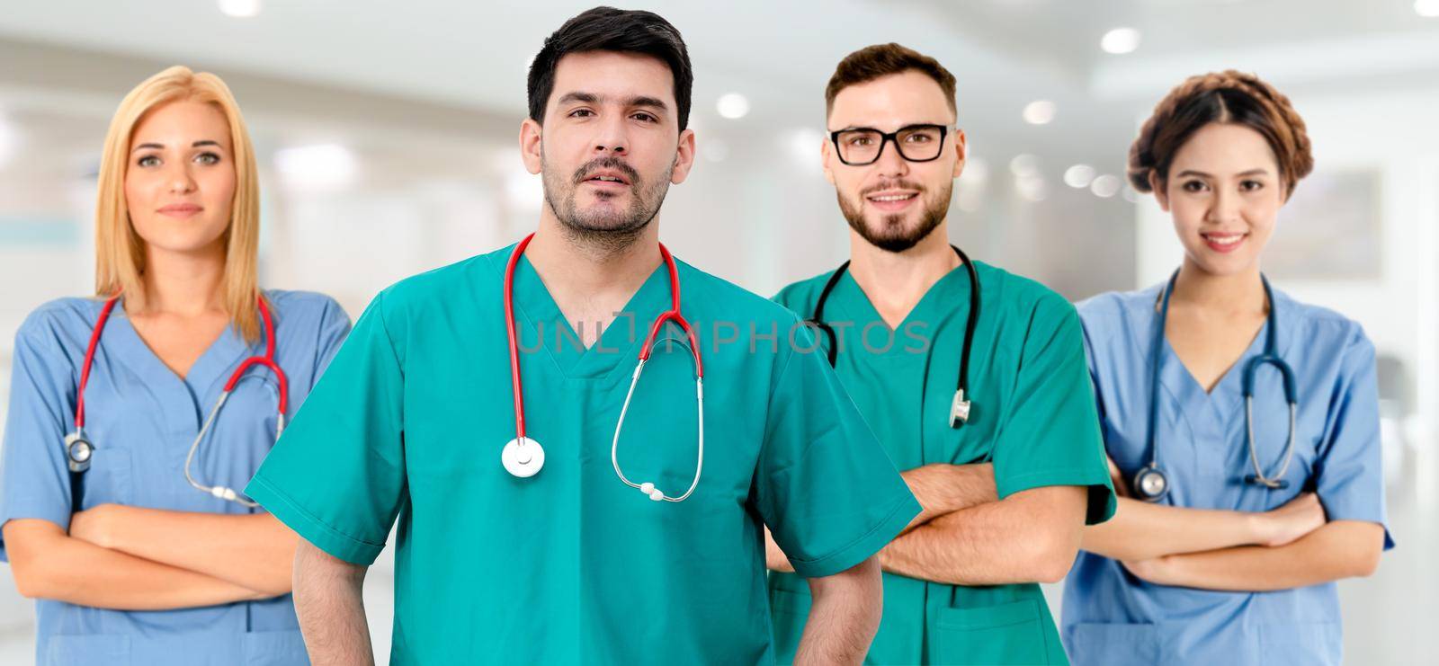 Healthcare people group. Professional doctor working in hospital office or clinic with other doctors, nurse and surgeon. Medical technology research institute and doctor staff service concept.