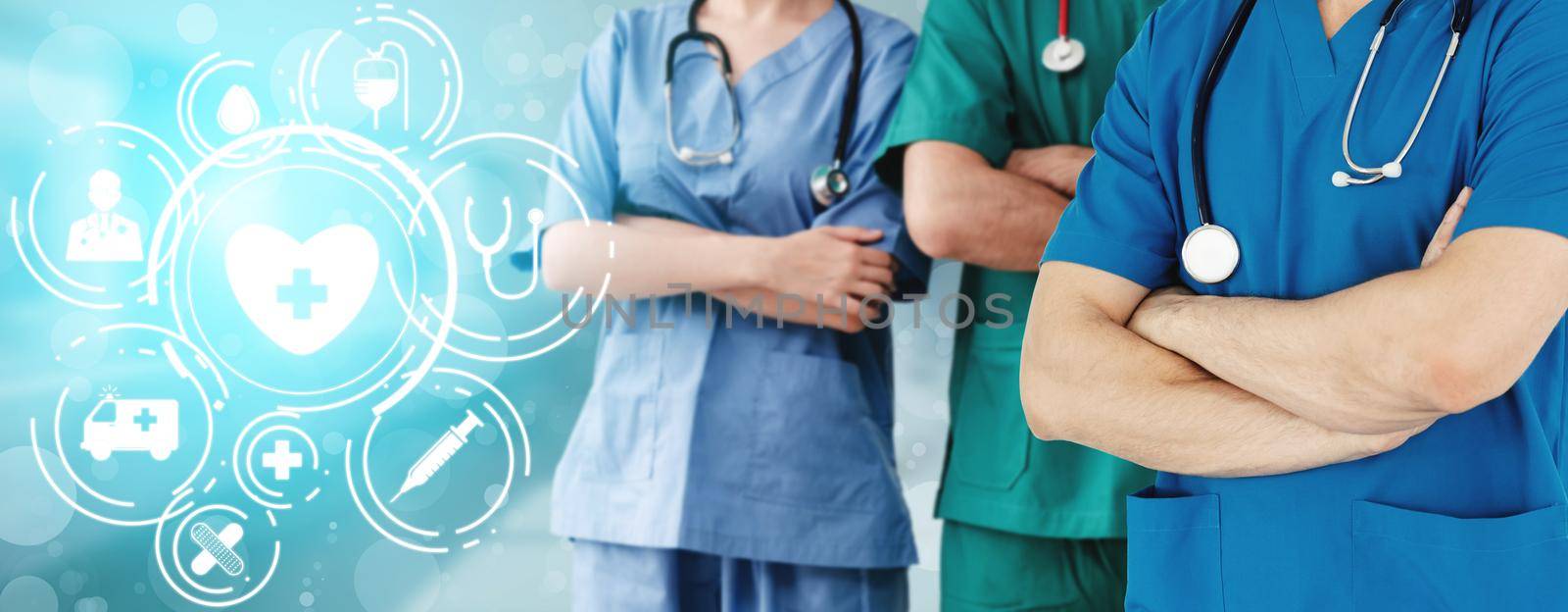Medical Healthcare Concept - Doctor in hospital with digital medical icons graphic banner showing symbol of medicine, medical care people, emergency service network, doctor data of patient health.