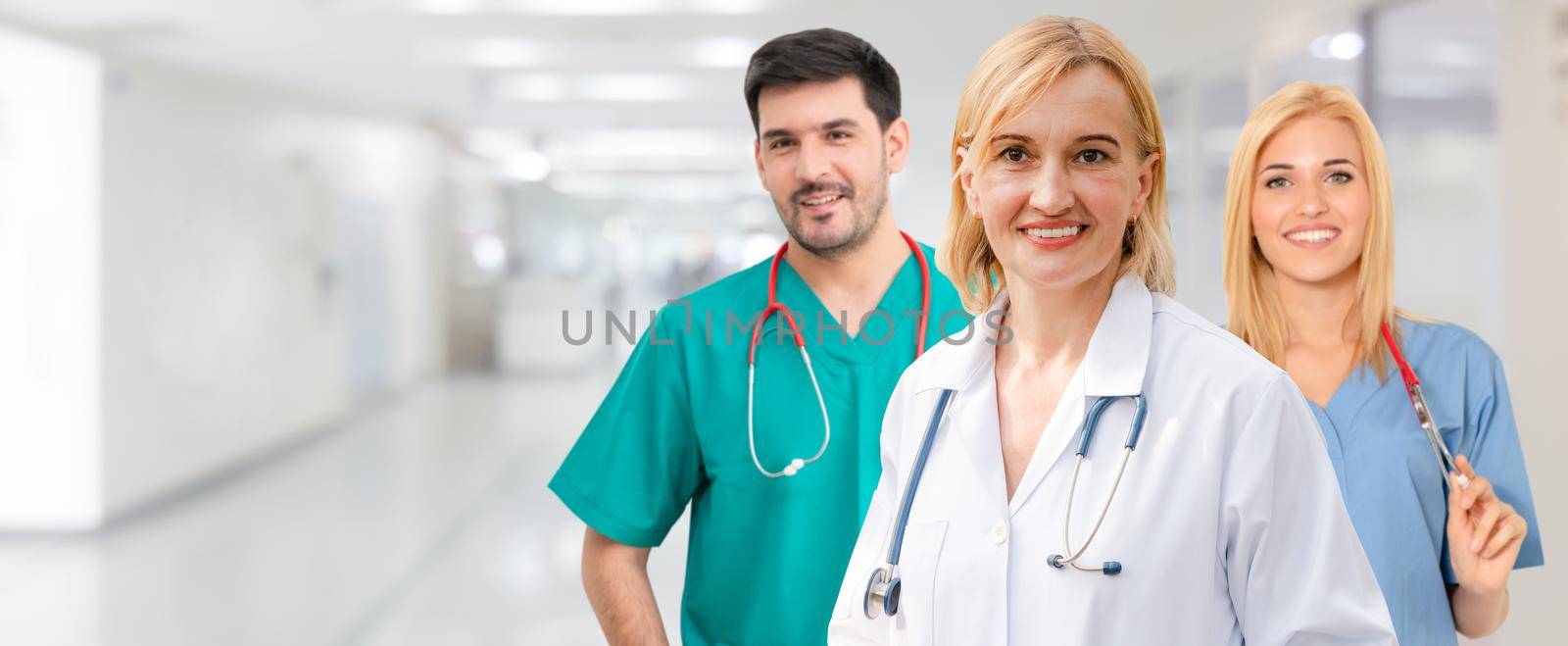 Healthcare people group. Professional doctor working in hospital office or clinic with other doctors, nurse and surgeon. Medical technology research institute and doctor staff service concept.