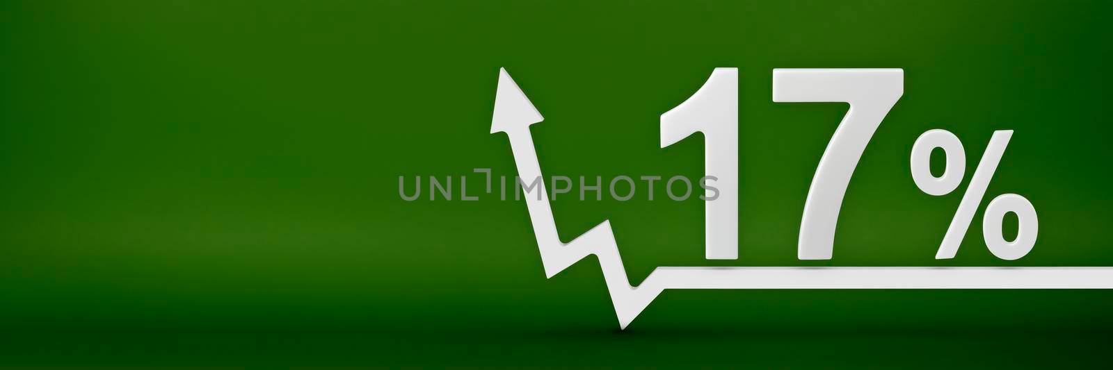 17 percent. The arrow on the graph points up. Rising prices, inflation, increase in income, increase in interest rates, taxes. 3d banner, seventeen percent sign discount on a green background