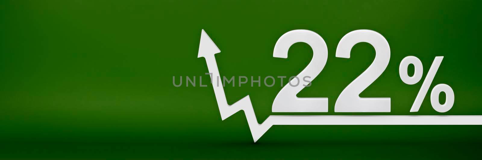 22 percent. The arrow on the graph points up. Rising prices, inflation, increase in income, increase in interest rates, taxes. 3d banner, twenty two percent sign discount on a green background. by SERSOL