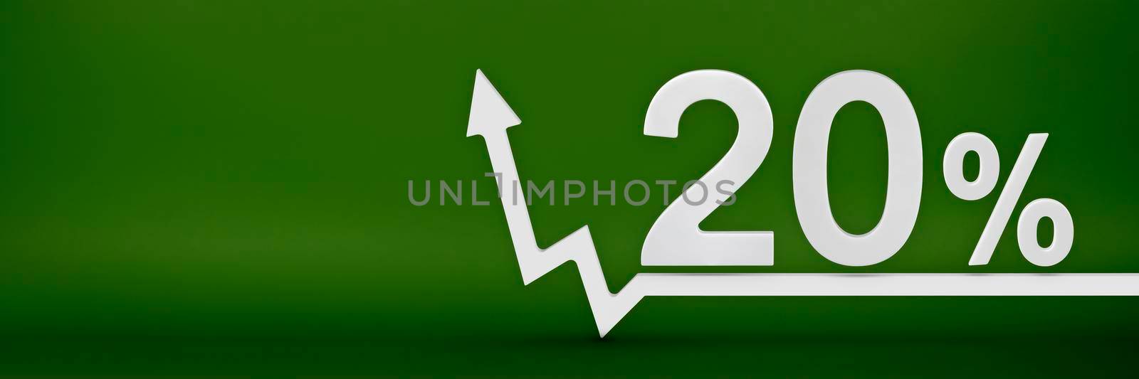 20 percent. The arrow on the graph points up. Rising prices, inflation, increase in income, increase in interest rates, taxes. 3d banner, twenty percent sign discount on a green background