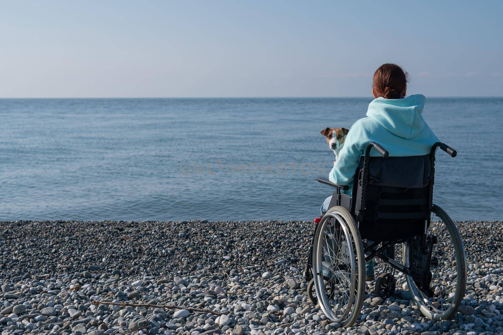 Caucasian woman in a wheelchair cuddling with a dog near the sea