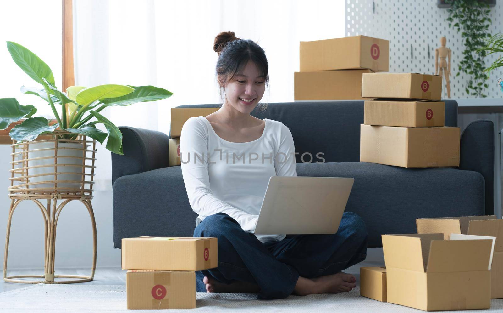 Starting small businesses SME owners female entrepreneurs check online orders to prepare to pack the boxes, sell to customers, sme business ideas online..