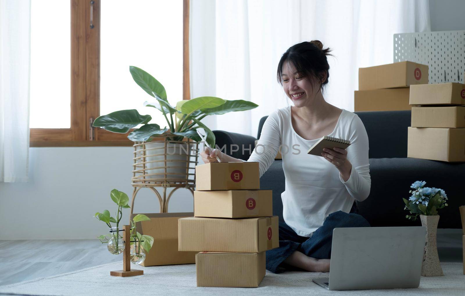 Smiling young Asian business owner woman prepare parcel box and standing check online orders of product for deliver to customer on laptop computer. Shopping Online concept..