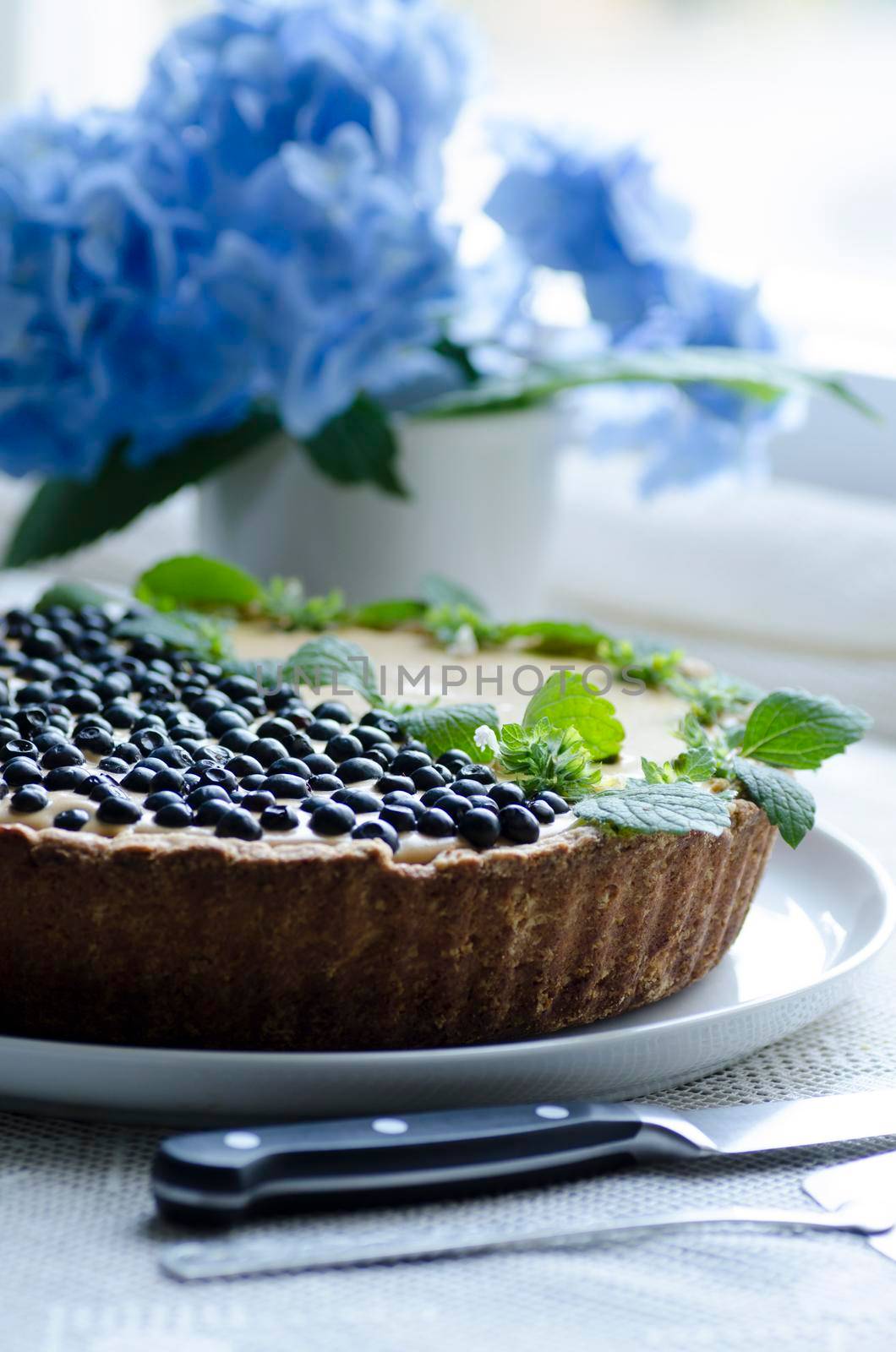 Blueberry pie with mint and sweetened condensed milk. From series "Tart with blueberry and condensed milk"