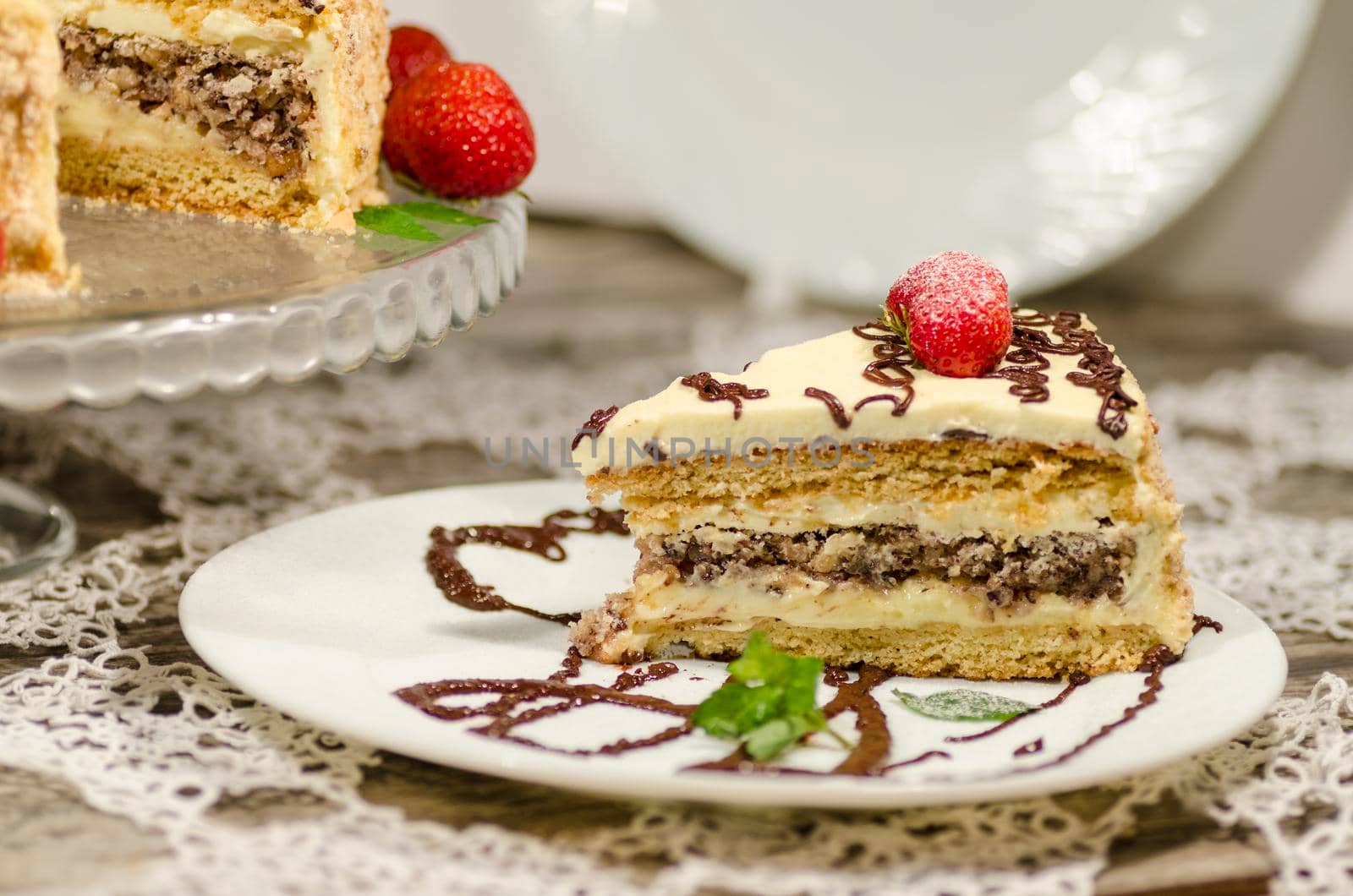 Homemade nutty cake with strawberries. From series "Kiev cake"