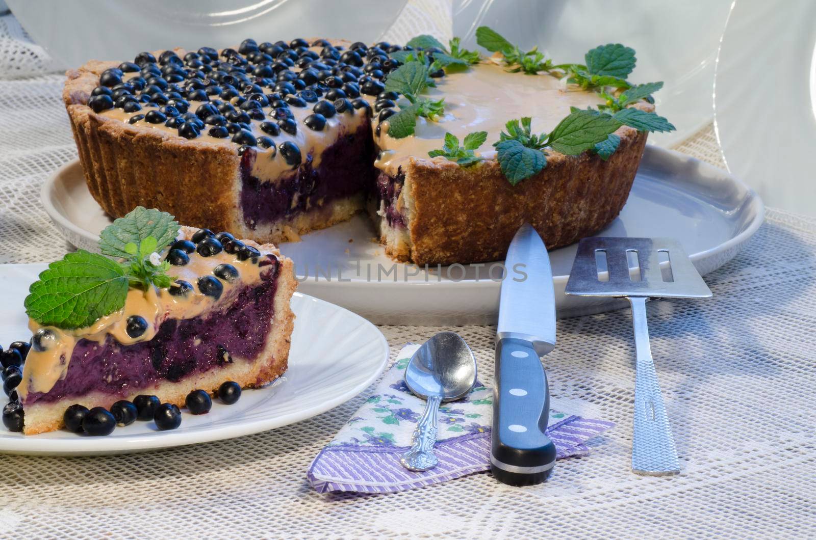 Blueberry pie with mint and sweetened condensed milk. From series "Tart with blueberry and condensed milk"