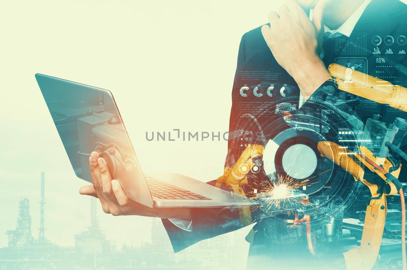 Mechanized industry robot arm and factory worker double exposure . Concept of robotics technology for industrial revolution and automated manufacturing process .