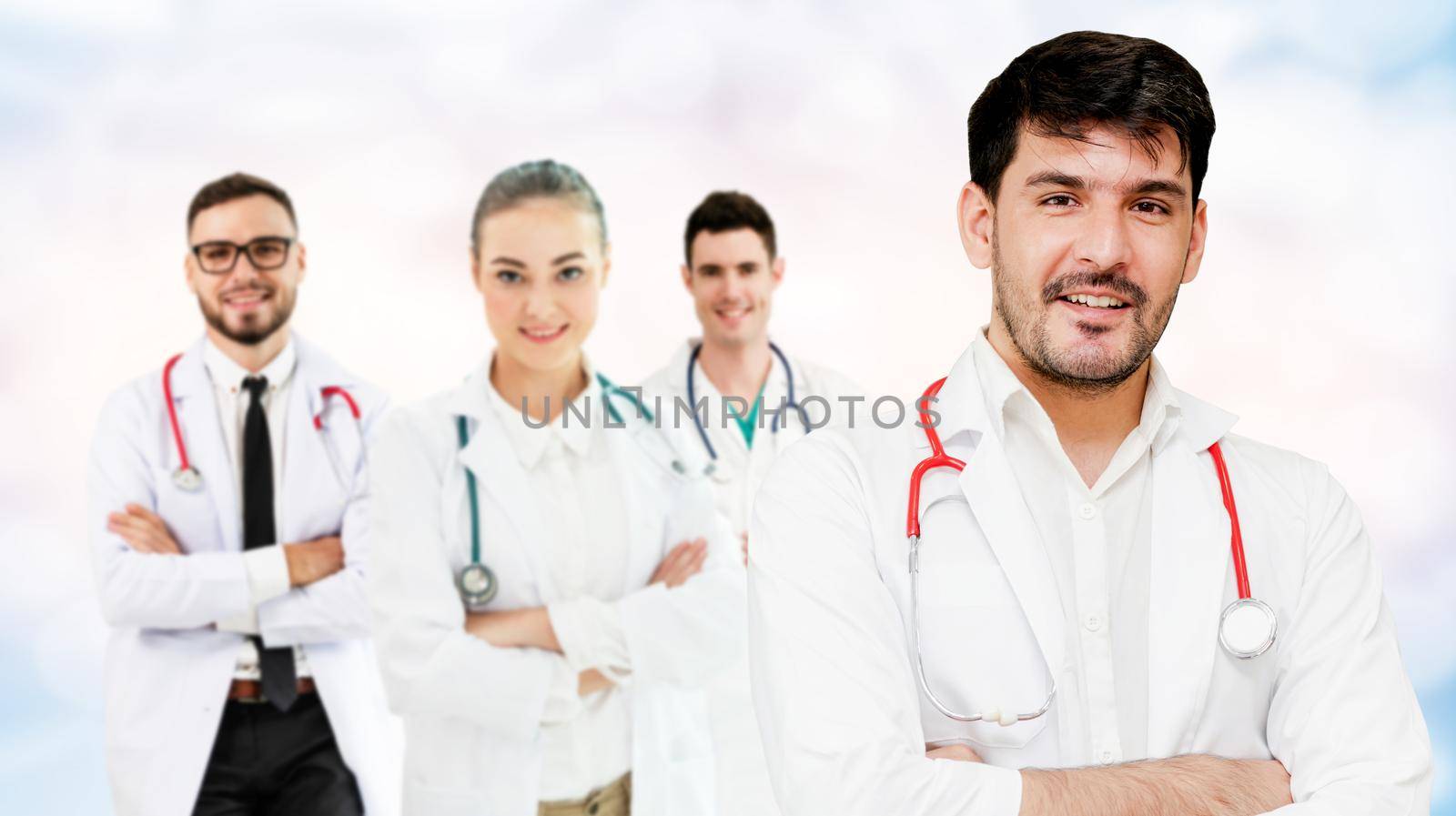 Healthcare people group. Professional doctor working in hospital office or clinic with other doctors, nurse and surgeon. Medical technology research institute and doctor staff service concept.