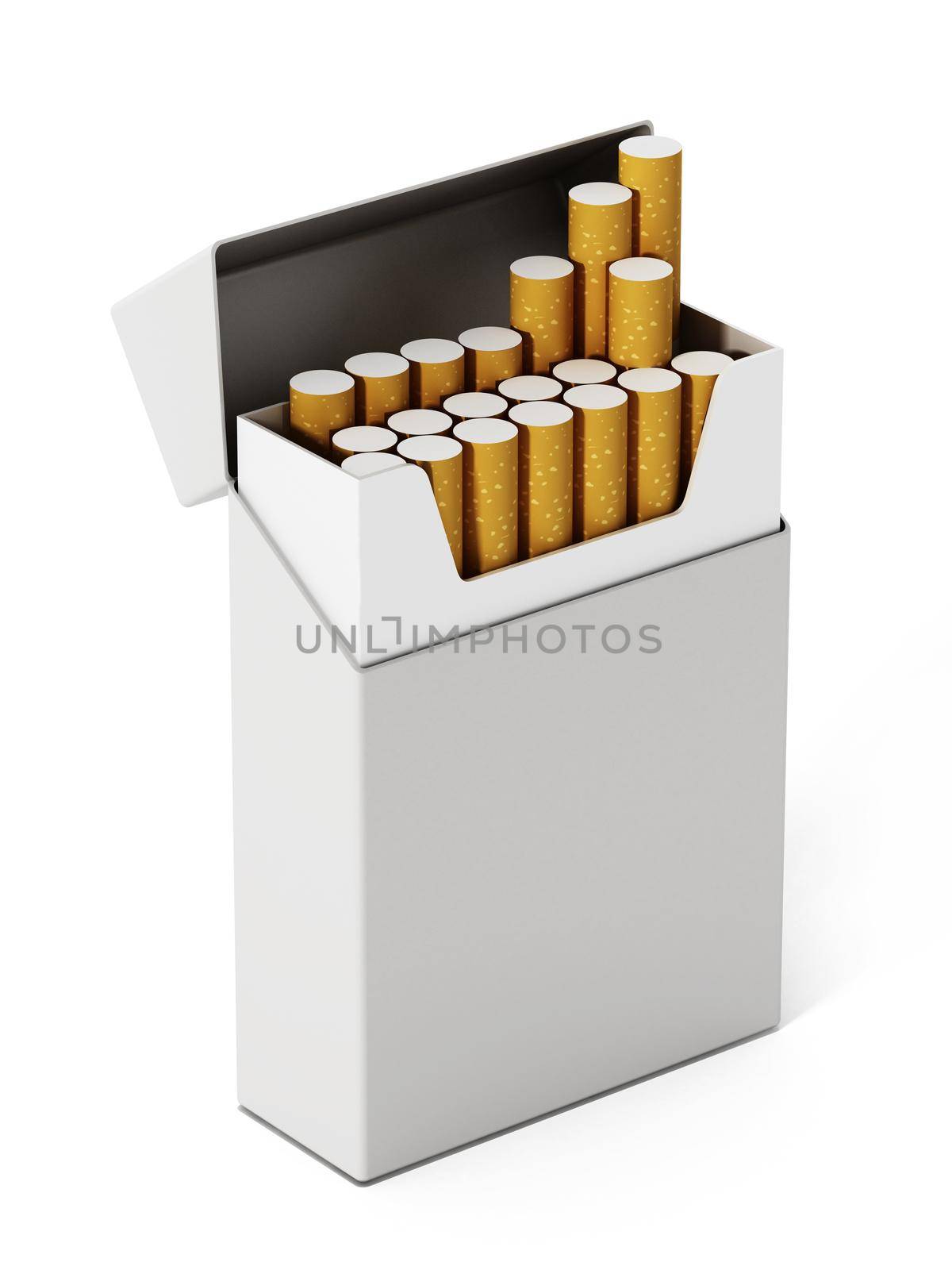 Cigarette box and cigarettes isolated on white background. 3D illustration by Simsek