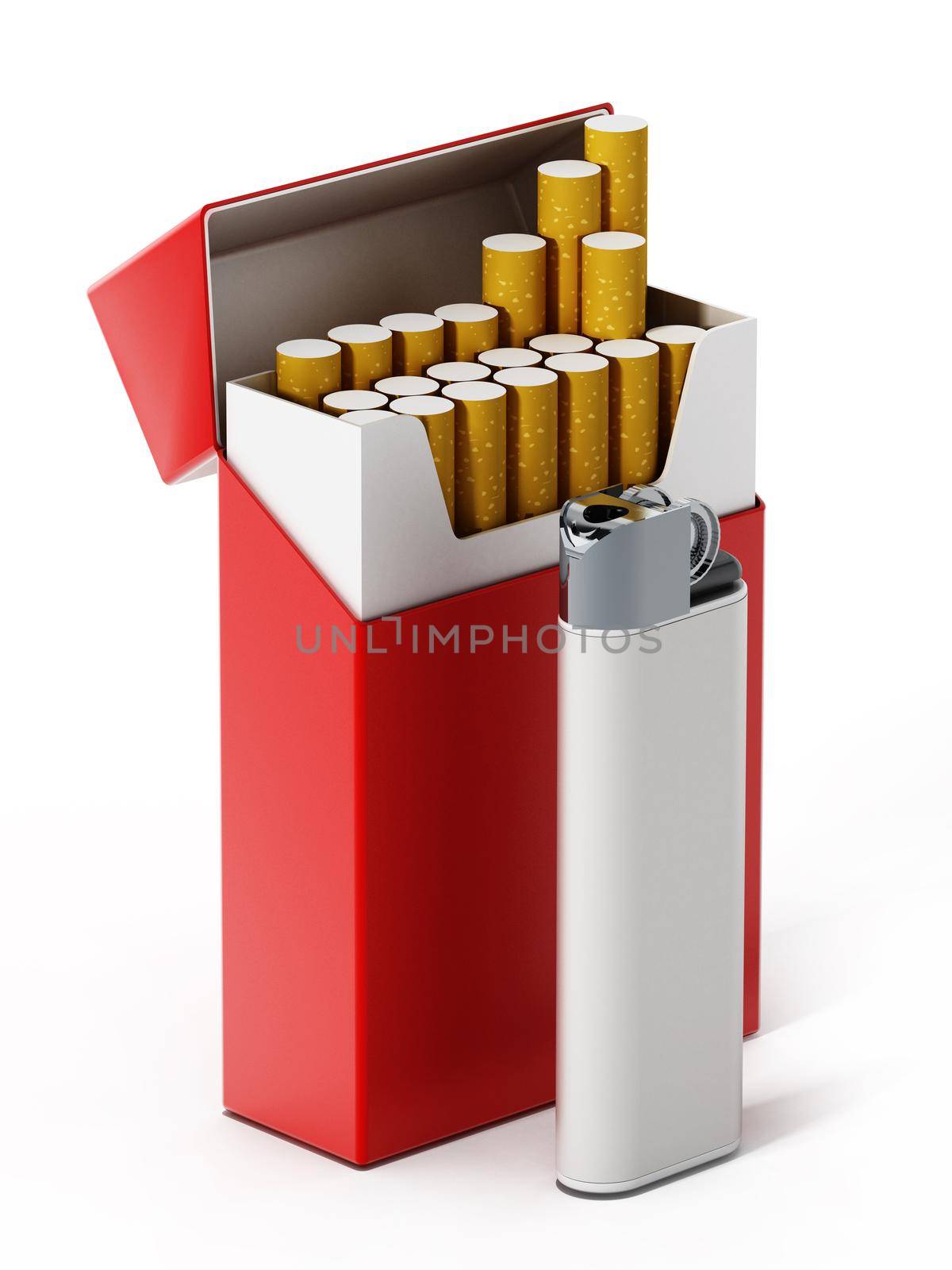 Cigarette box and lighter isolated on white background. 3D illustration by Simsek