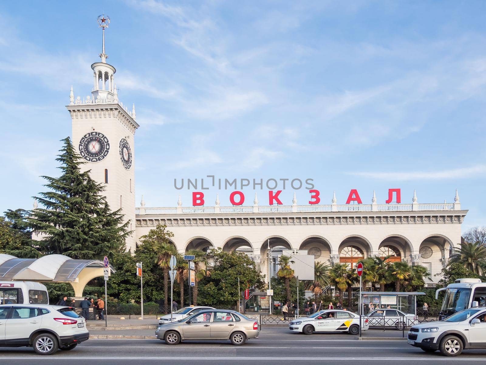 SOCHI, RUSSIA - March 05, 2020. Cars move in front of Sochi railway station.