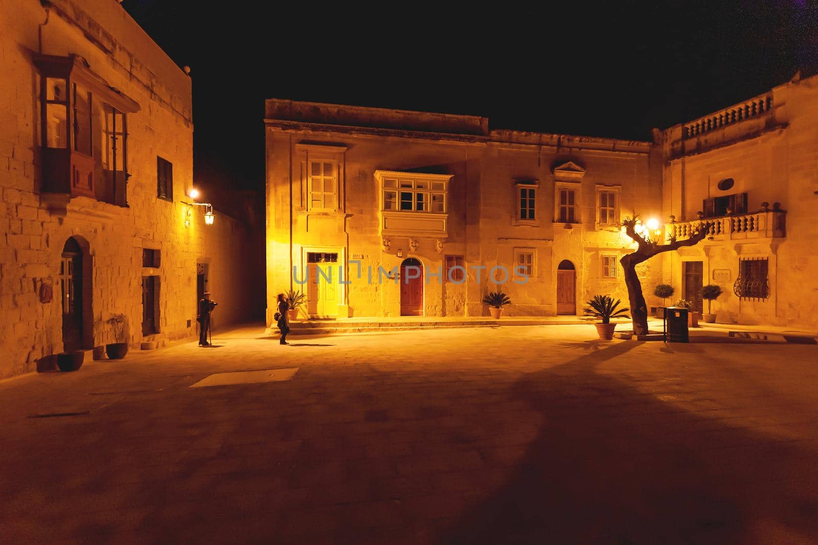 MDINA, MALTA - February 19, 2010. Tourists on illuminated streets of Mdina, ancient capital of Malta. Night view on buildings and wall decorations of ancient town. by aksenovko