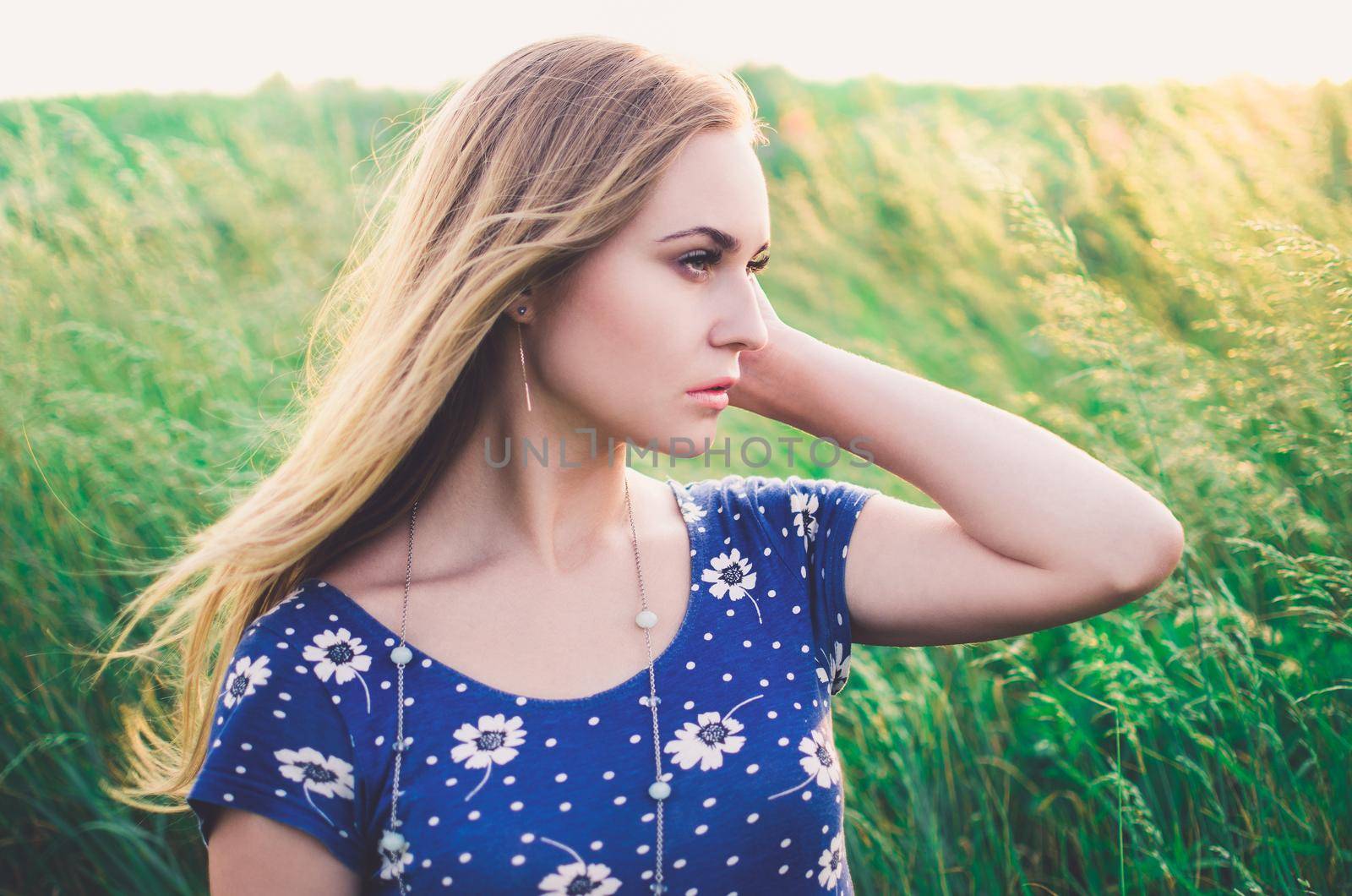 Girl blonde in a blue short tight dress sit in tall grass by AndriiDrachuk