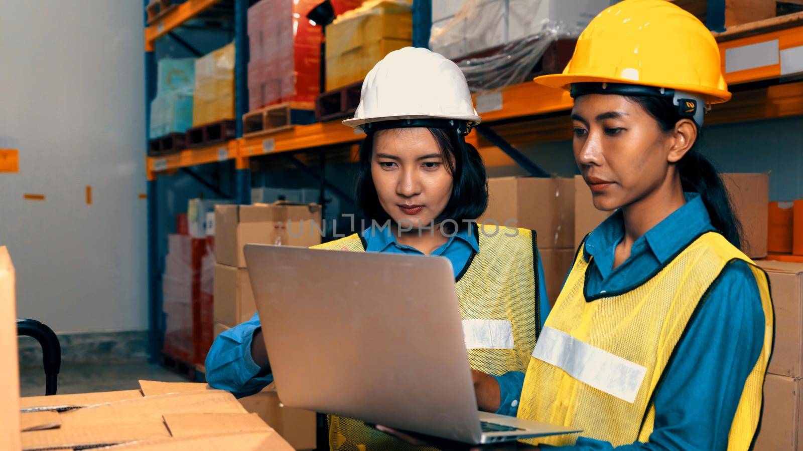 Female warehouse worker working at the storehouse . Logistics , supply chain and warehouse business concept .