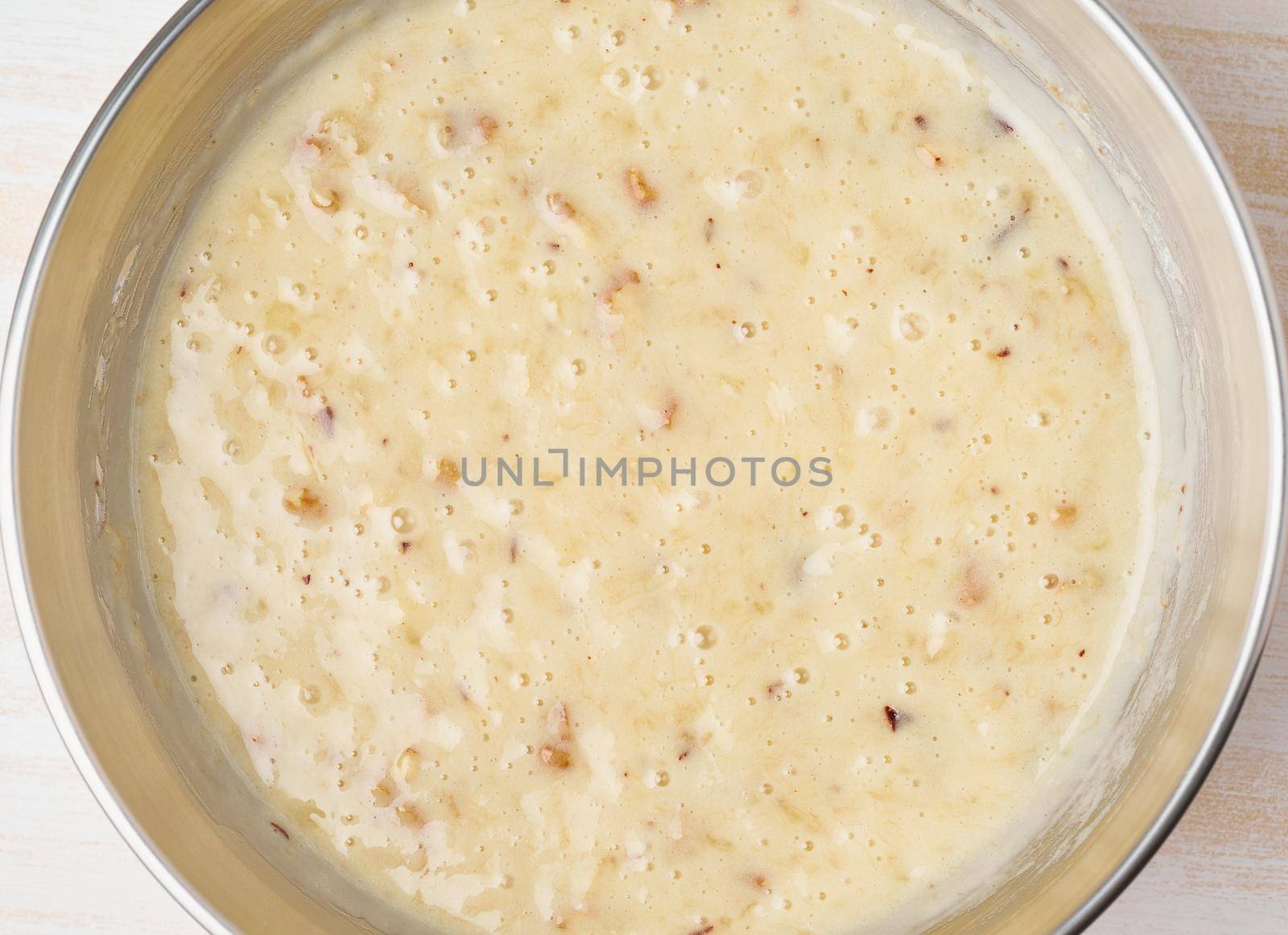 Dough for cake. Step by step recipe. Homemade Banana bread. Top view, white table.