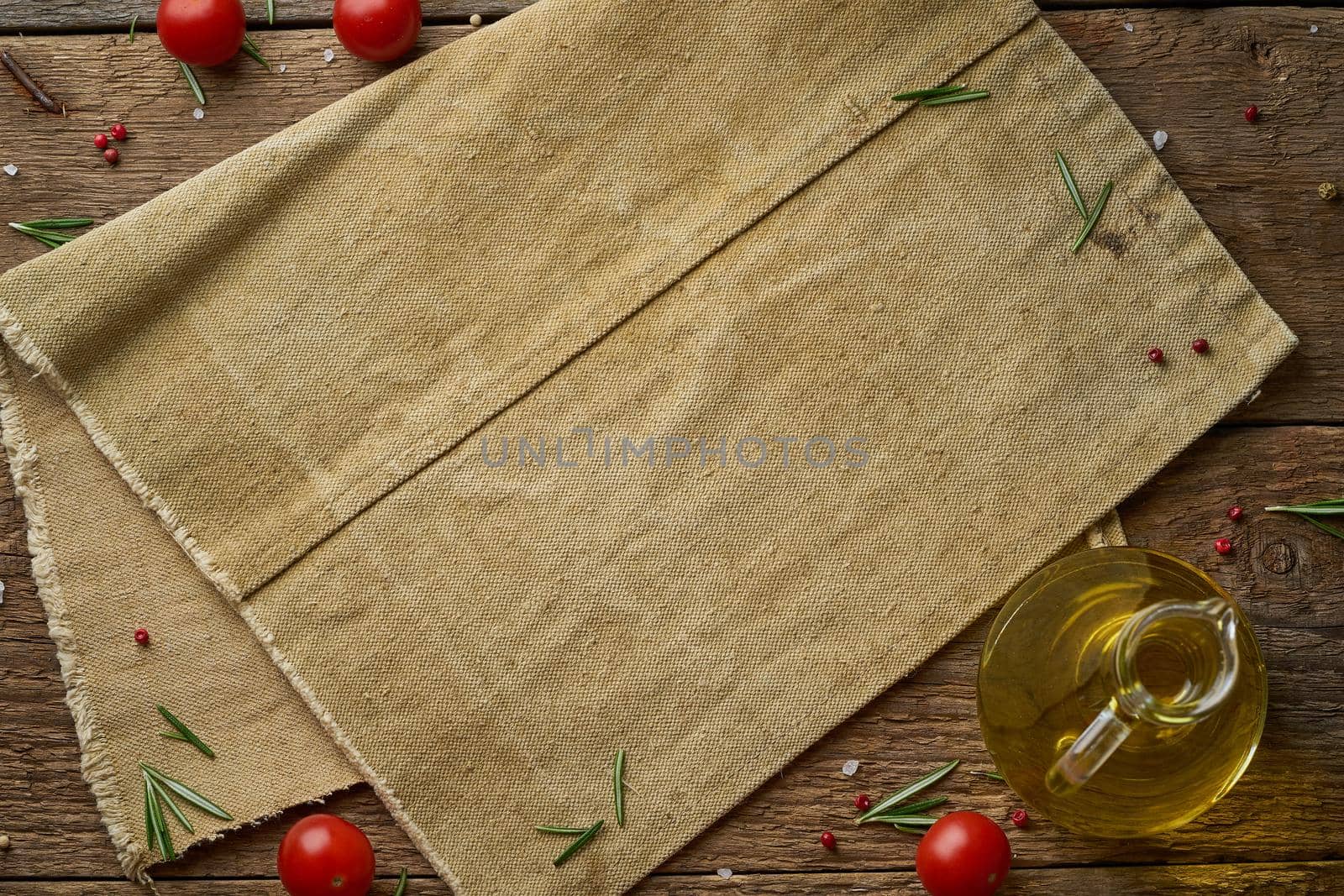 Menu, recipe, mock up, banner. Food seasoning background. Old linen napkin, spices, herbs on a old rustic backdrop. Top view, copy space.