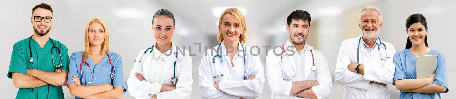 Healthcare people group. Professional doctor working in hospital office or clinic with other doctors, nurse and surgeon. Medical technology research institute and doctor staff service concept.