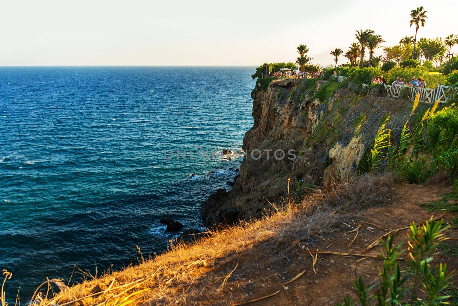 ANTALYA, TURKEY: Beautiful park and cliff slope at Waterfall Duden on a summer evening day in Antalya.