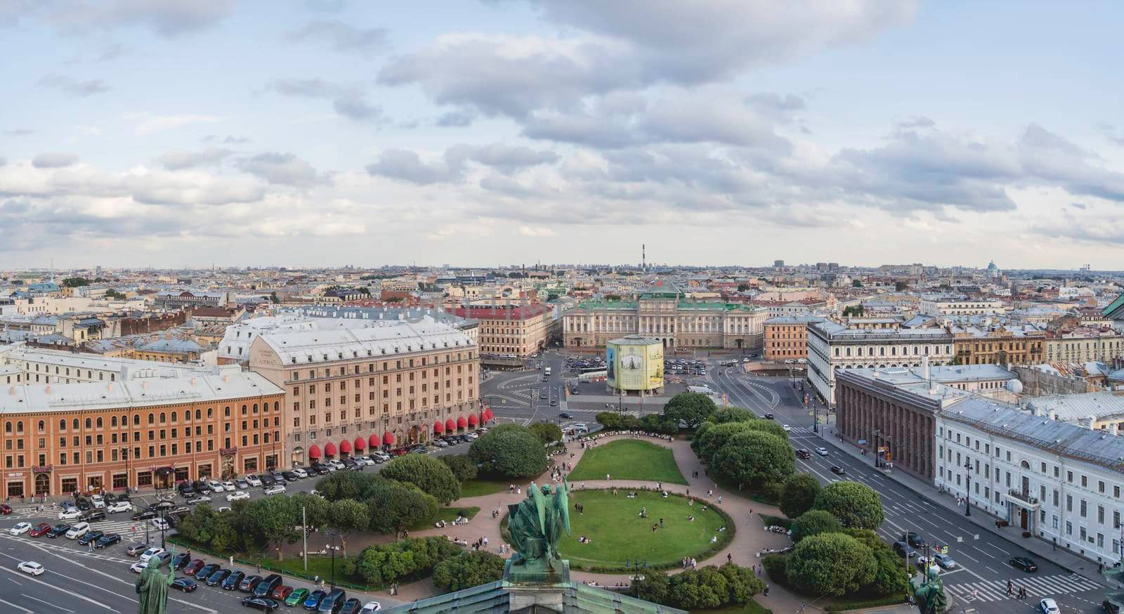 SAINT-PETERSBURG, RUSSIA - August 14, 2021. Panorama of town from view point on Saint Isaac's Cathedral or Isaakievskiy Sobor.