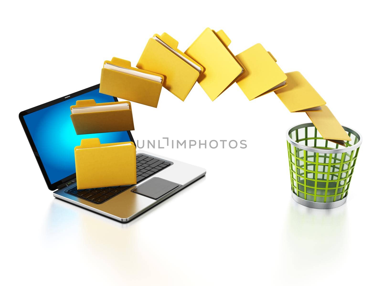 Folders moving from the notebook computer to trash bin. 3D illustration by Simsek