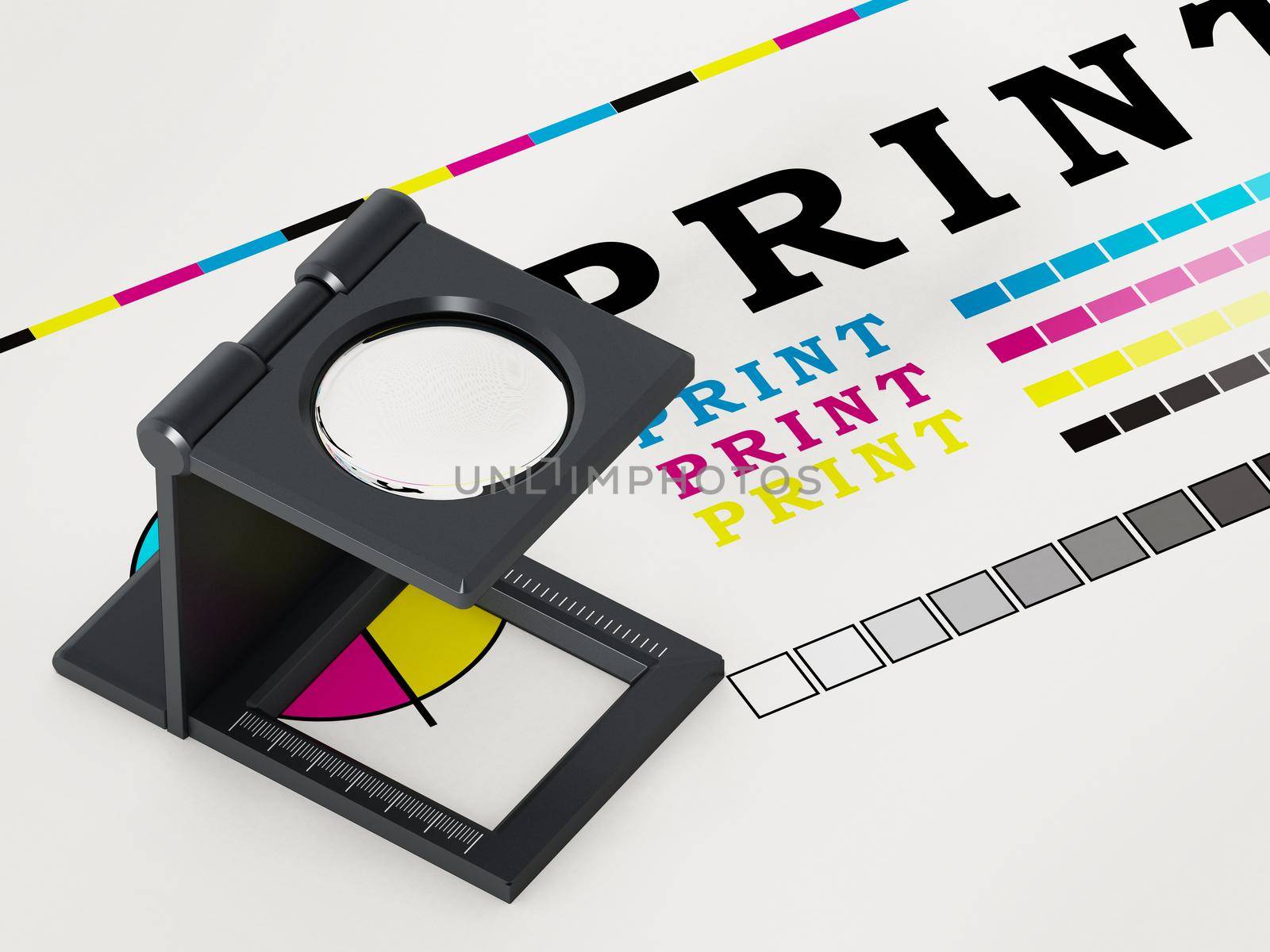 Printing loupe standing on colour test paper. 3D illustration by Simsek