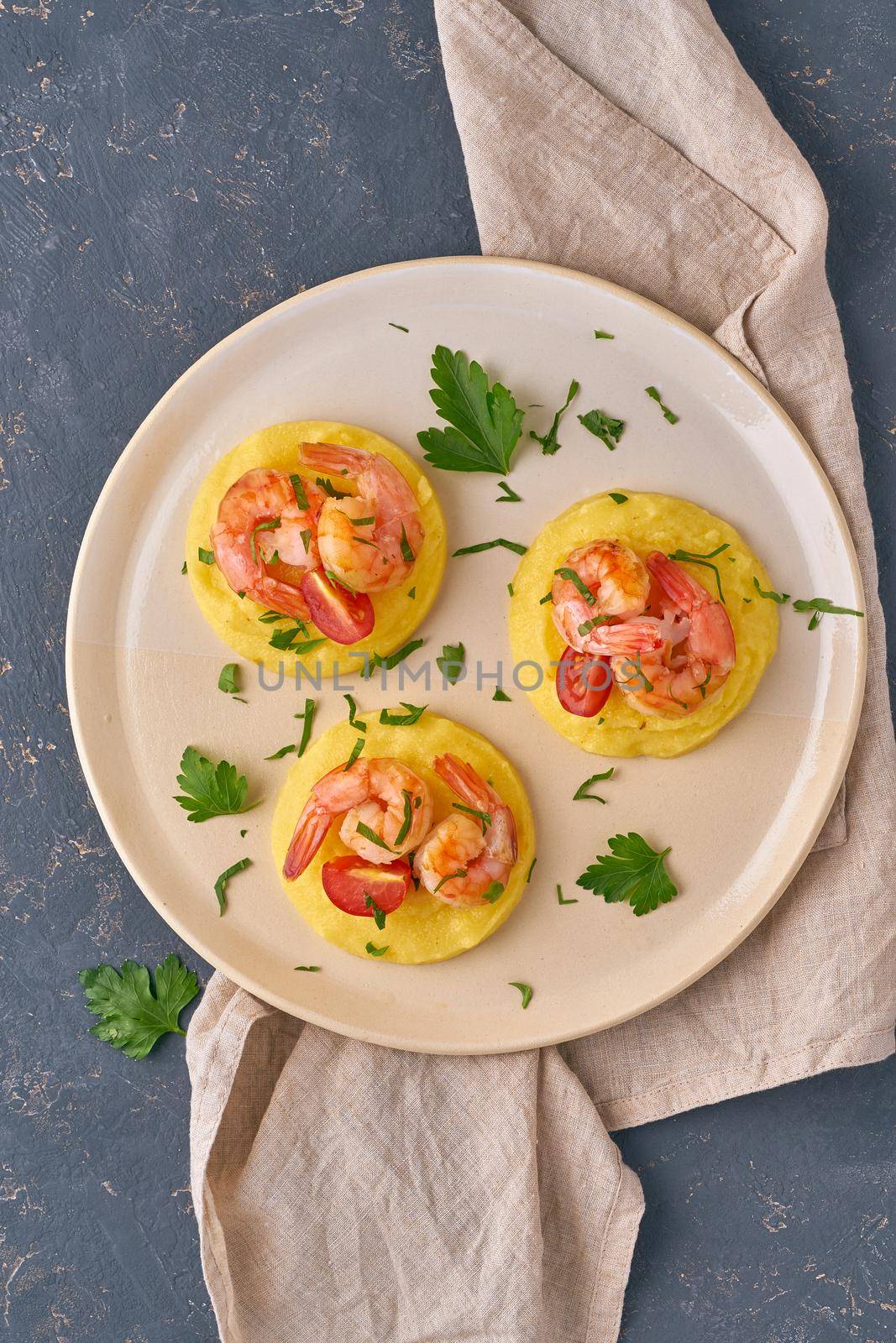 Shrimp & Polenta - fodmap dash diet gluten free dish, top view closeup, vertical by NataBene