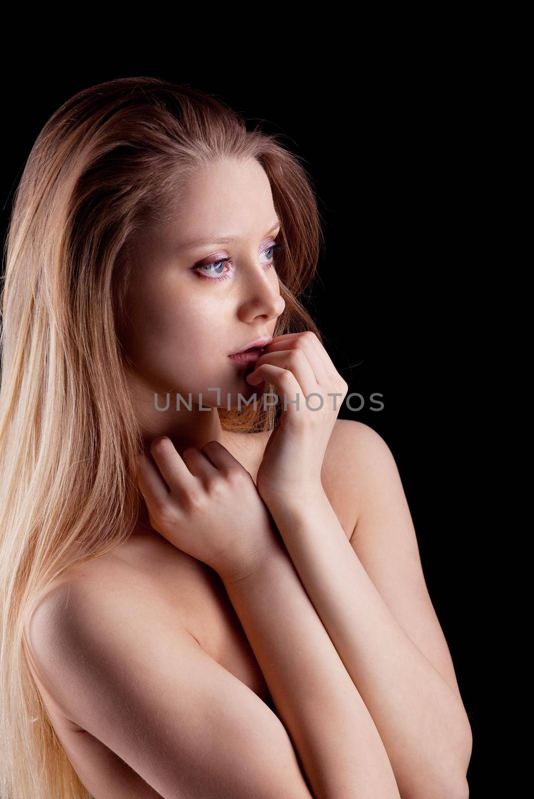 young naked sadness blond girl look at light