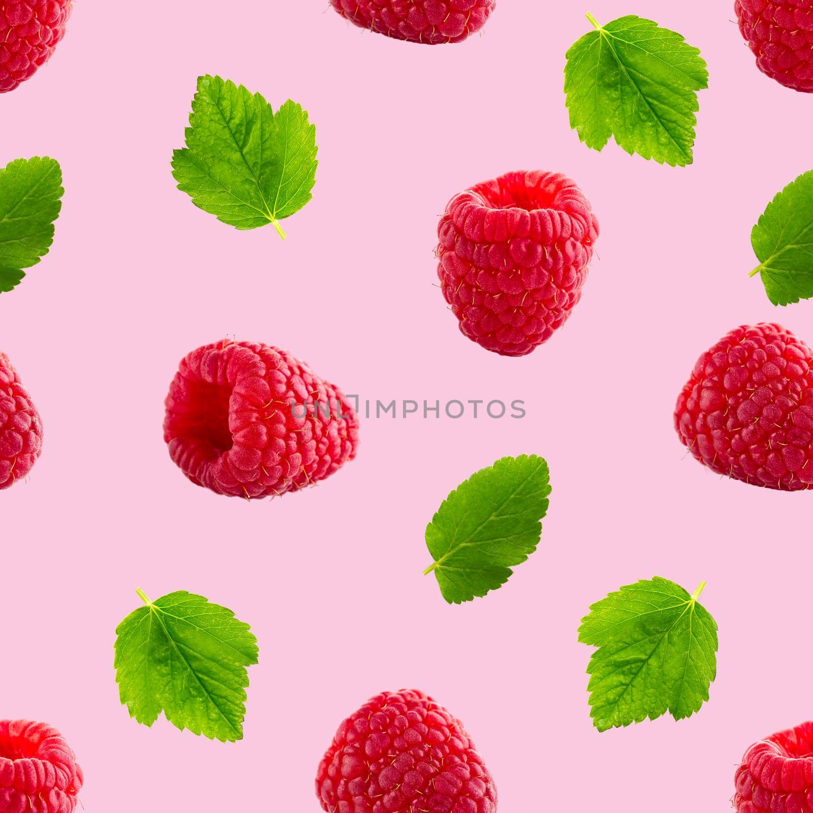 Seamless pattern with ripe raspberry. Berries abstract background. Raspberry pattern for package design with pink background.