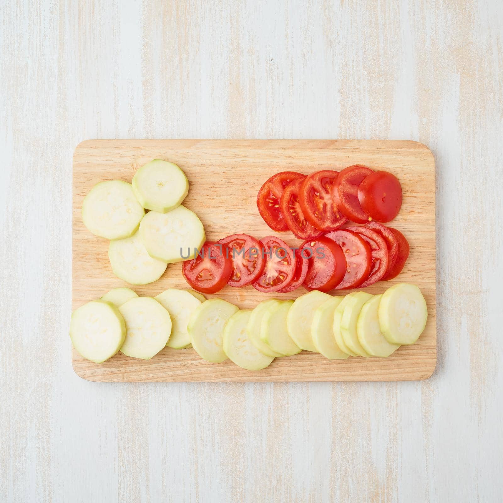 Step by step recipe. Homemade galette with vegetable. Top view, white wooden table