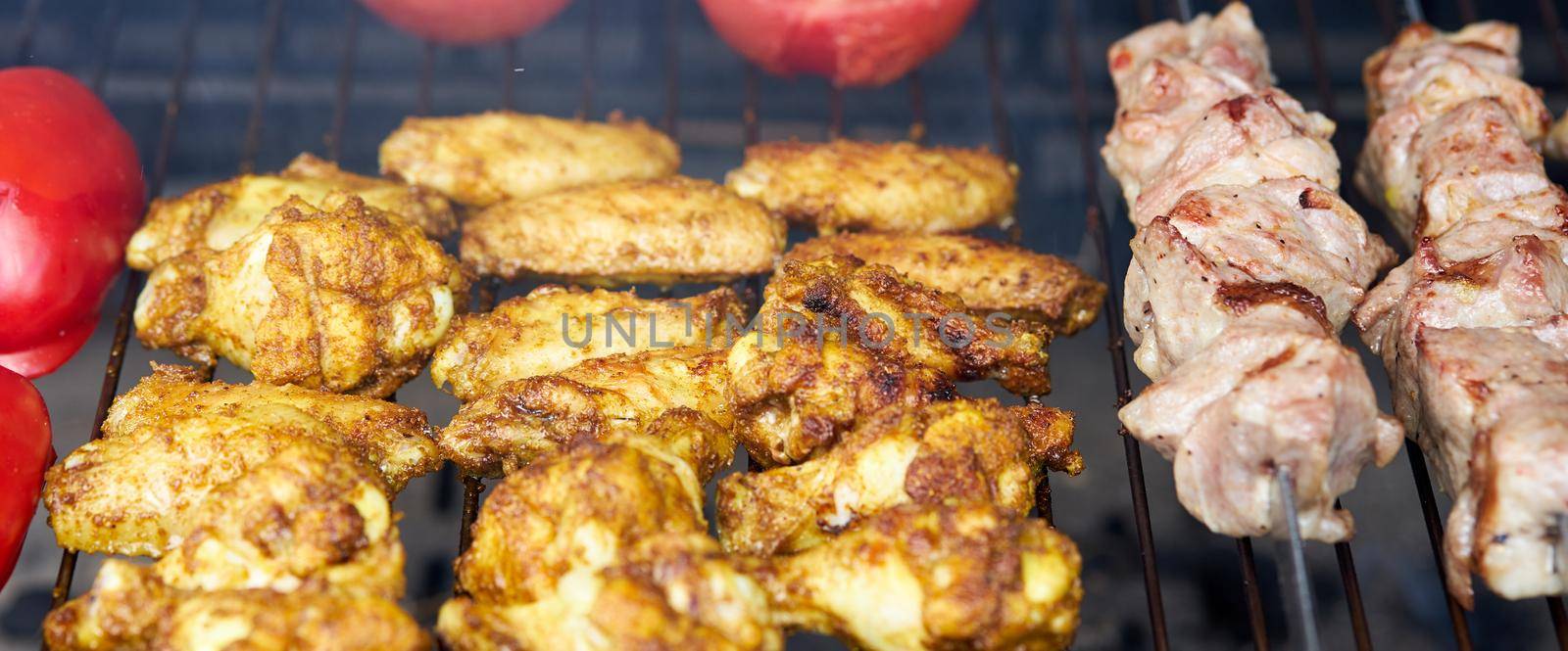 marinated barbecue shashlik kebab with curry winglets and roasted pepper and tomatoes in chargrill semifinished on skewer dacha picnic dish, keto ketogenic paleo fodmap diet, side view closeup banner long