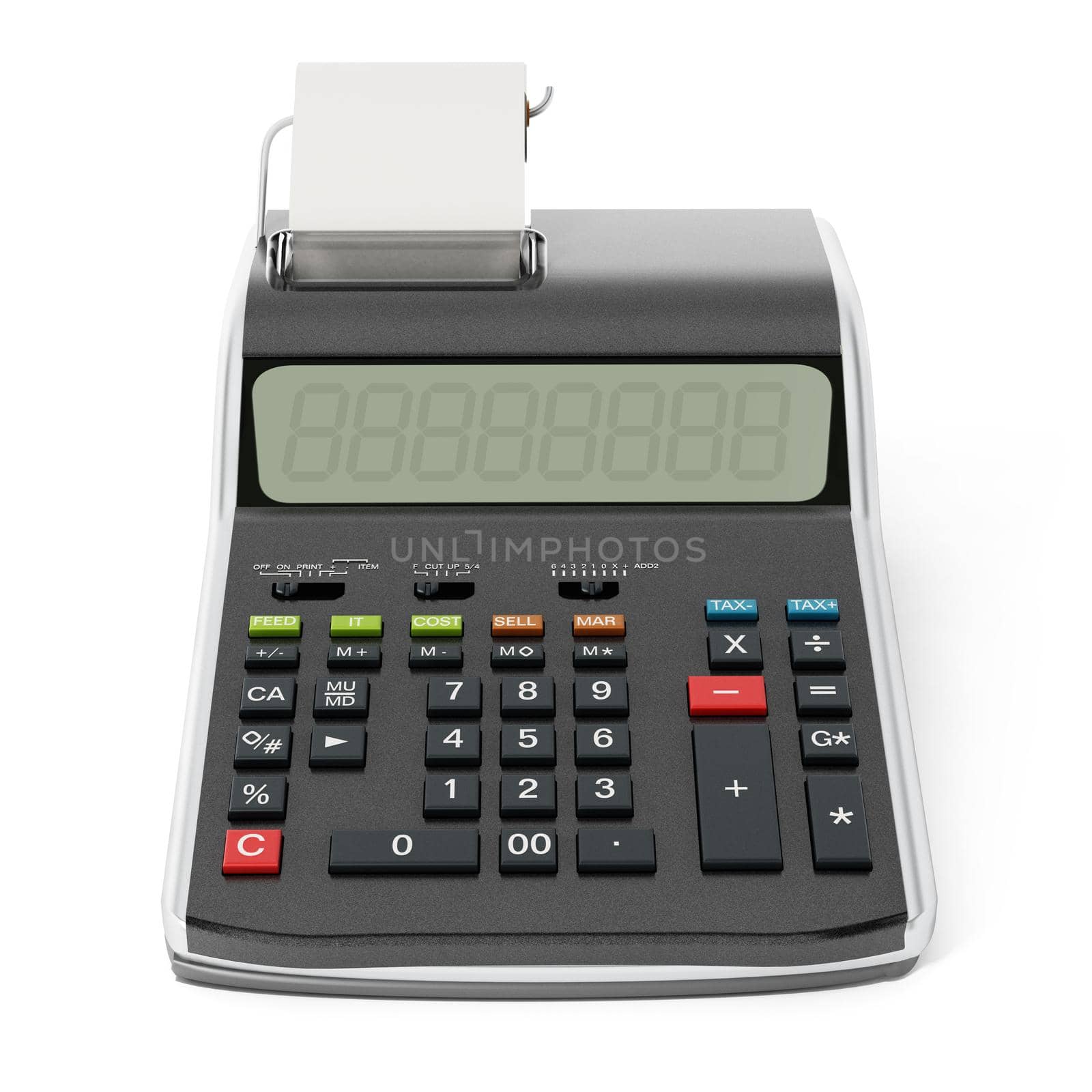 Print calculator isolated on white background.3 D illustration.