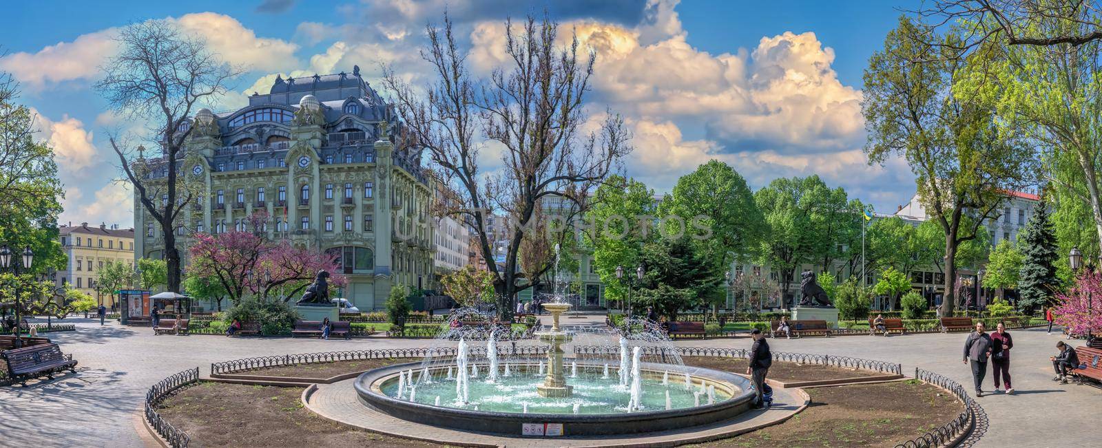 Odessa, Ukraine 06.05.2022. Fountain in the City garden in Odessa during the war in Ukraine on a sunny spring day