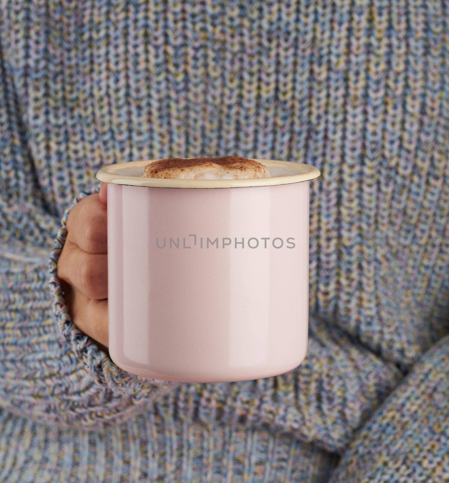 hands holding cup of hot chocolate, gray cozy sweater, beautiful pink manicure, home style, autumn morning, close up by NataBene