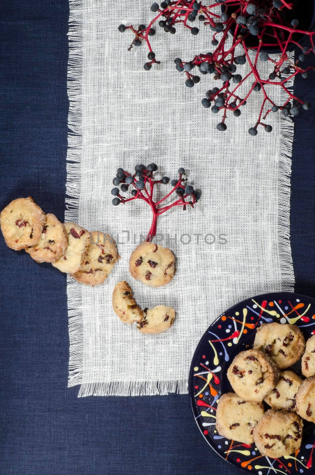 Porcelain dishes and cookies with cranberries. From series Playing with Color