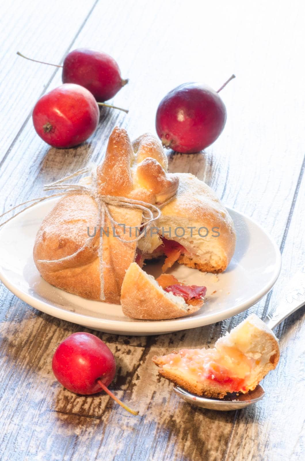 Paradise apples baked in pastry, in shape of bags. From series "Winter desserts"