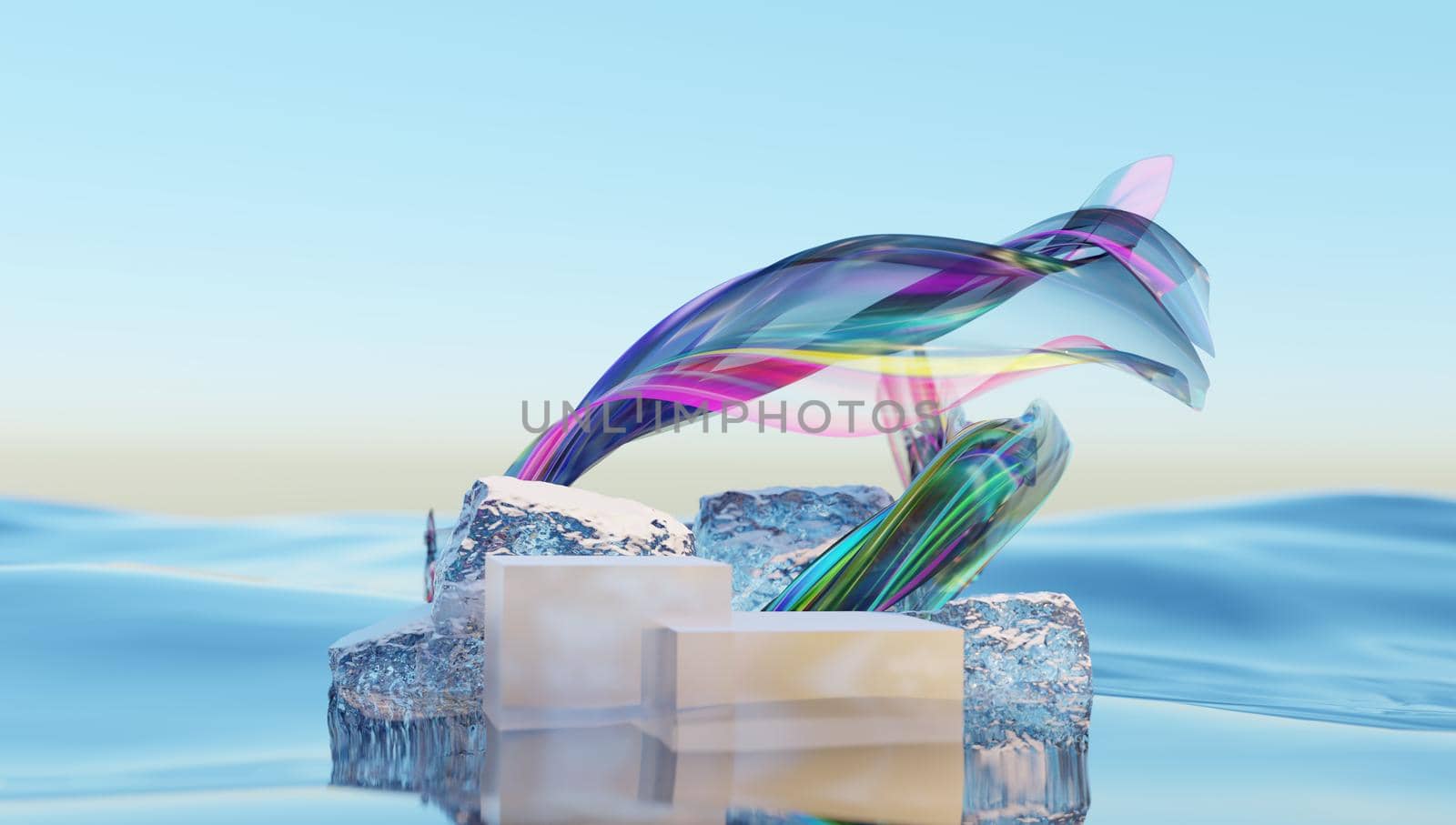 Advertising of nourishing cosmetics for cold weather on a podium stand from piece of ice against the backdrop of a frozen and snowy lake. 3d rendering