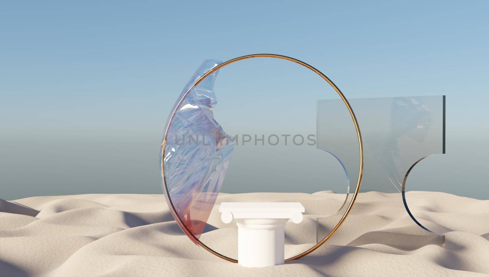 3d rendering of modern minimal cylindrical podium with golden round frame on a desert landscape. Showcase with platform for product displaying