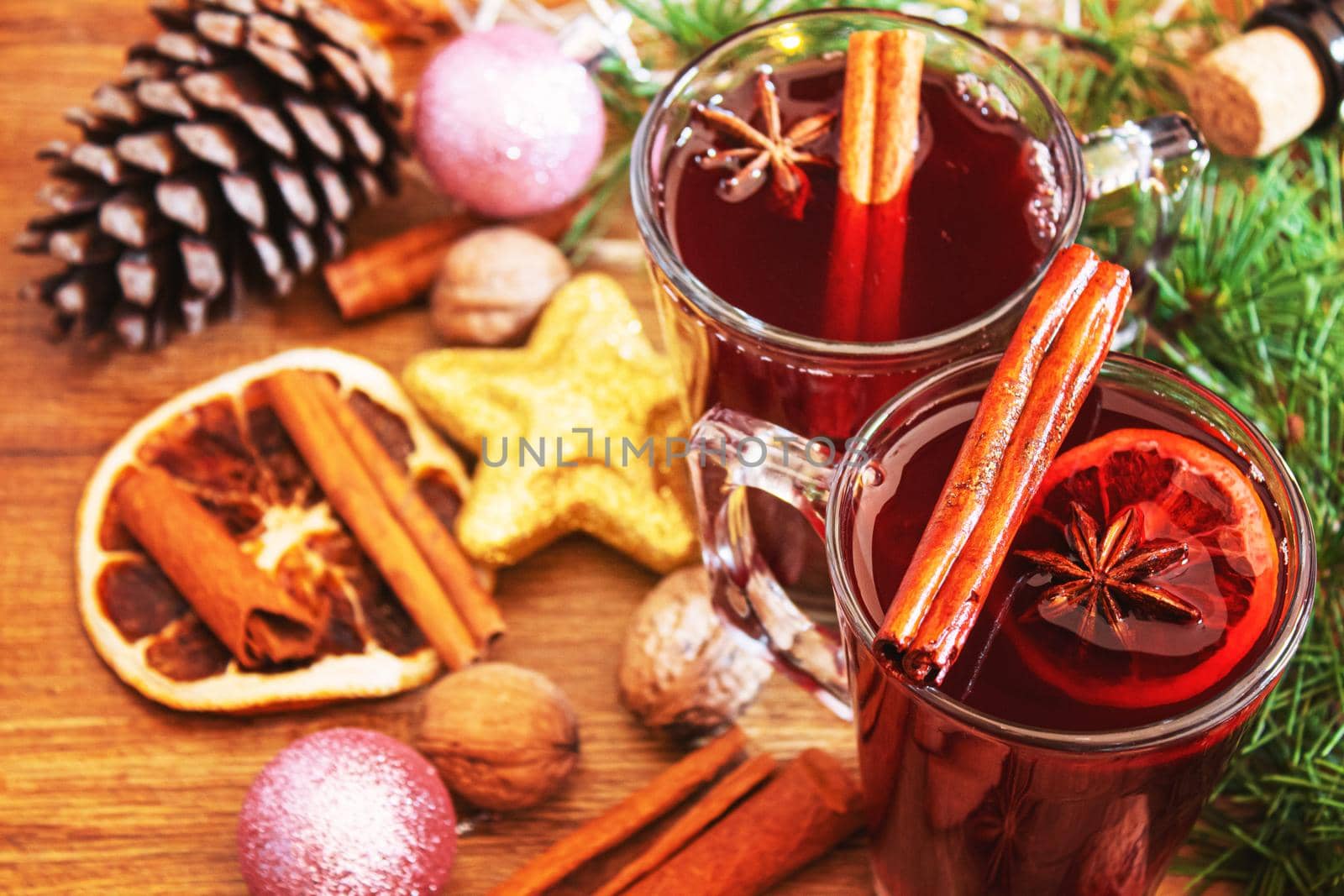 Christmas mulled wine. Merry Christmas. Glass of mulled wine with cinnamon and anise, top view. Selective focus.Holiday