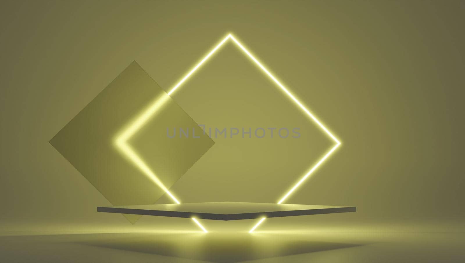 3d render yellow platform with neon shining and transparent glass rings. Geometric shapes composition with empty space for product design show. Minimal banner mockup. by jbruiz78