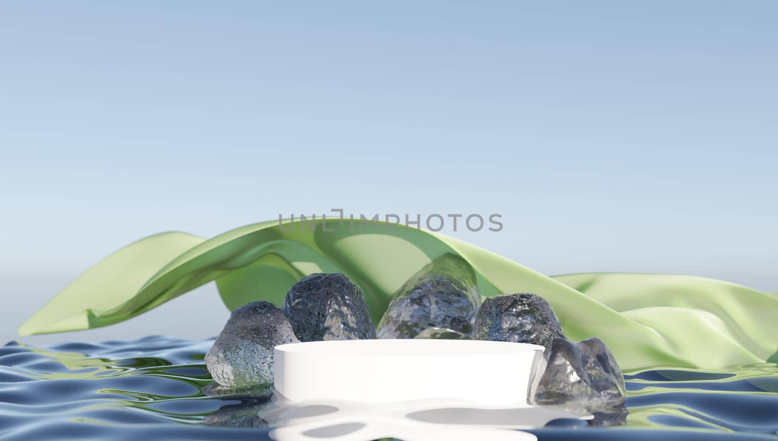 An ice platform for displaying your procuct 3D render, surrounded by ice stones on white background. by jbruiz78