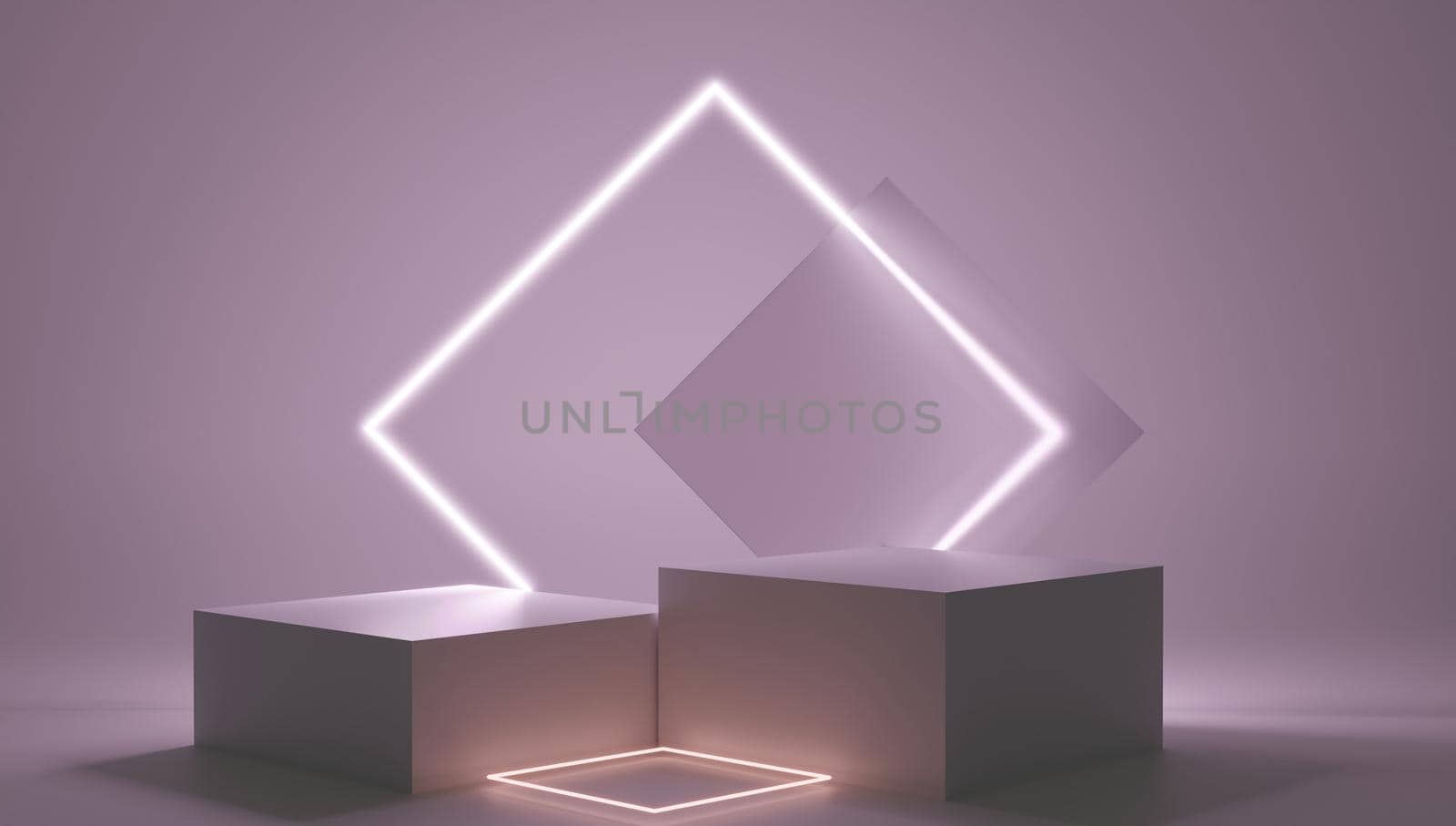 3d render pink platform with neon shining and transparent glass rings. Geometric shapes composition with empty space for product design show. Minimal banner mockup