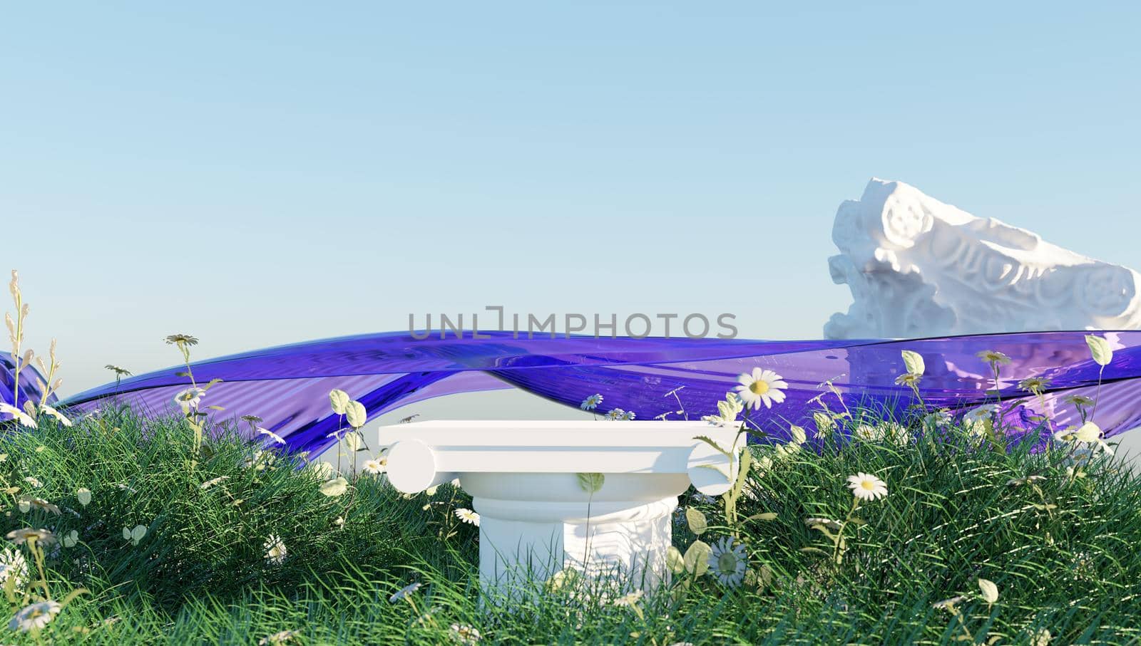 3D display podium sky background with natural green grass and sun shadow. Nature minimal pedestal, beauty, cosmetic product presentation. Spring, summer landscape banner template 3d render