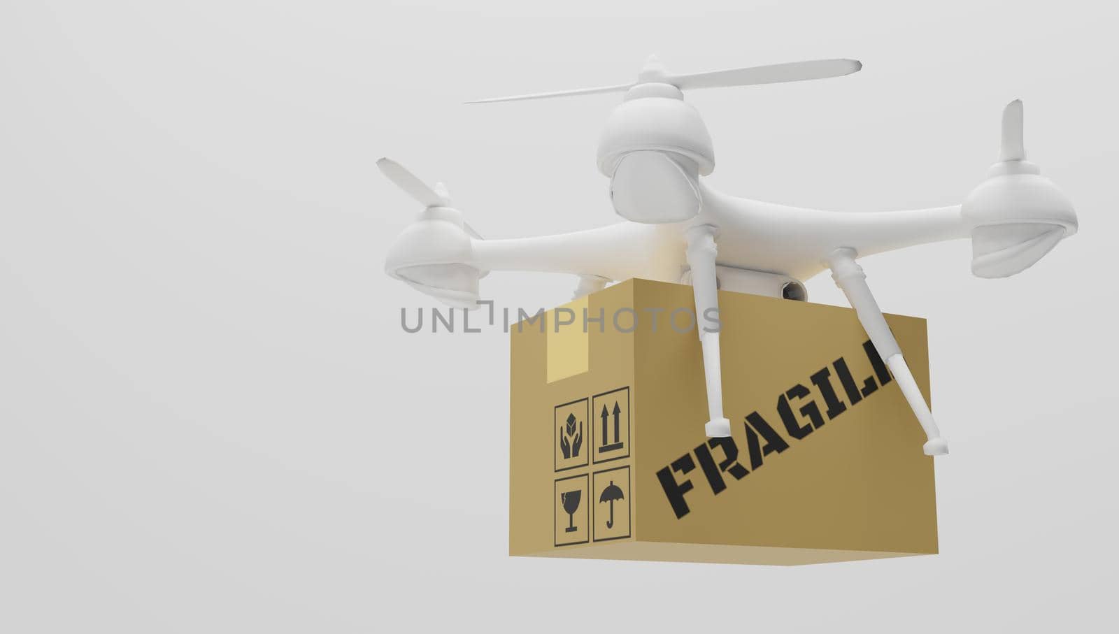 Drone delivery with a package box flying on white background. 3d rendering